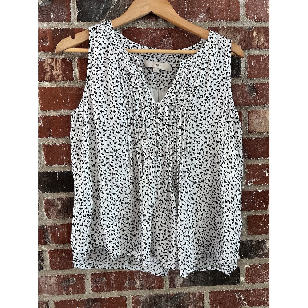 Ann Taylor Loft Floral Pintucked Split Neck Shell, Medium